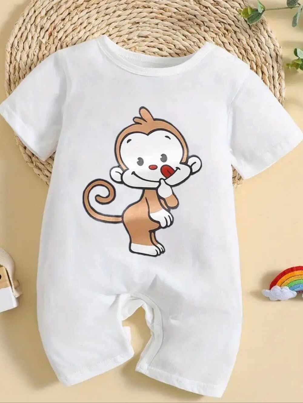 White Monkey Graphic Baby One-Piece Romper